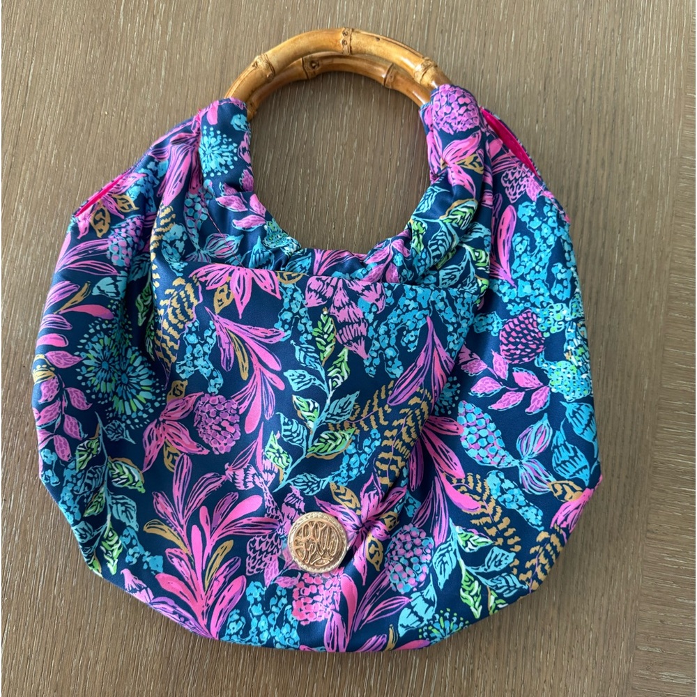 Lilly Pulitzer Navy Floral Bamboo-Handle Clutch with Pink & Turquoise Accents